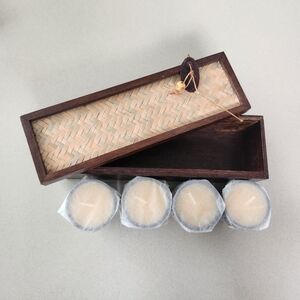 Mangowood Box with Votive Candles with Bamboo Rattan Lid **NEW